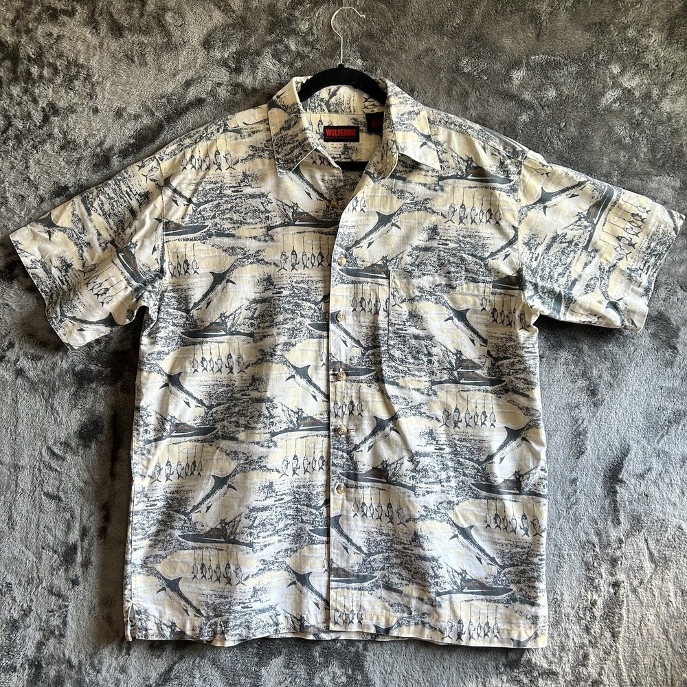 Wolverine Fish Print Shirt Mens L Hawaiian Fishing Button Up Cotton Coastal Camp